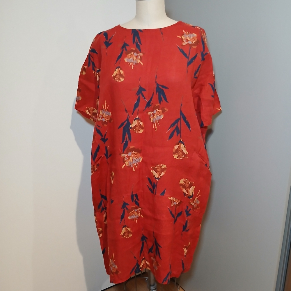 Coldwater Creek Maroon Floral Pattern Linen Shift Dress Size M